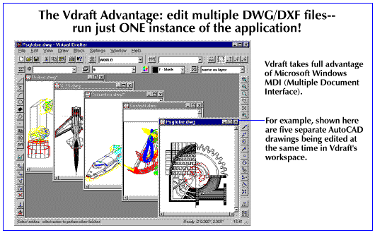 The <B>Vdraft</B> Advantage: edit multiple DWG/DXF files-run just one instance of the application!