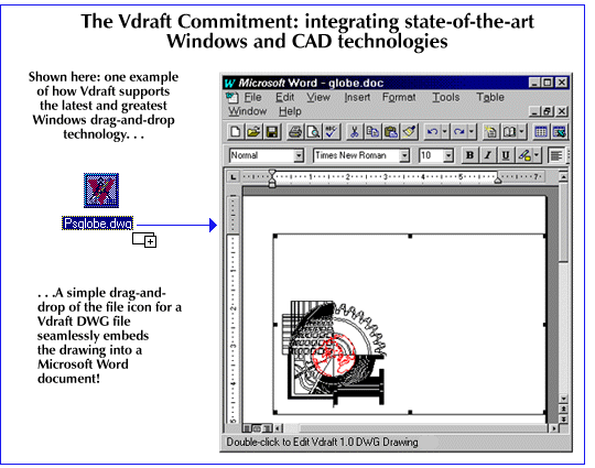 The<B>Vdraft</B>Commitment: integrating state-of-the-art Windows and CAD technologies: For example, a simple drag-and-drop of the file icon for a <B>Vdraft</B> DWG file seamlessly embeds the drawing into a Microsoft Windows Word document!