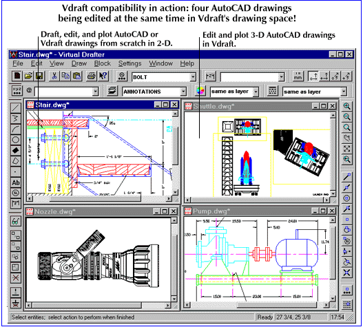 <B>Vdraft</B> compatibility in action: four AutoCAD DWG drawings being edited at the same time in Vdraft's drawing space!
